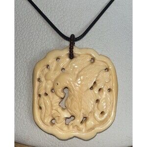 Vintage Burmese Yellow Jade Pendant Carved Bird Necklace 16~18in